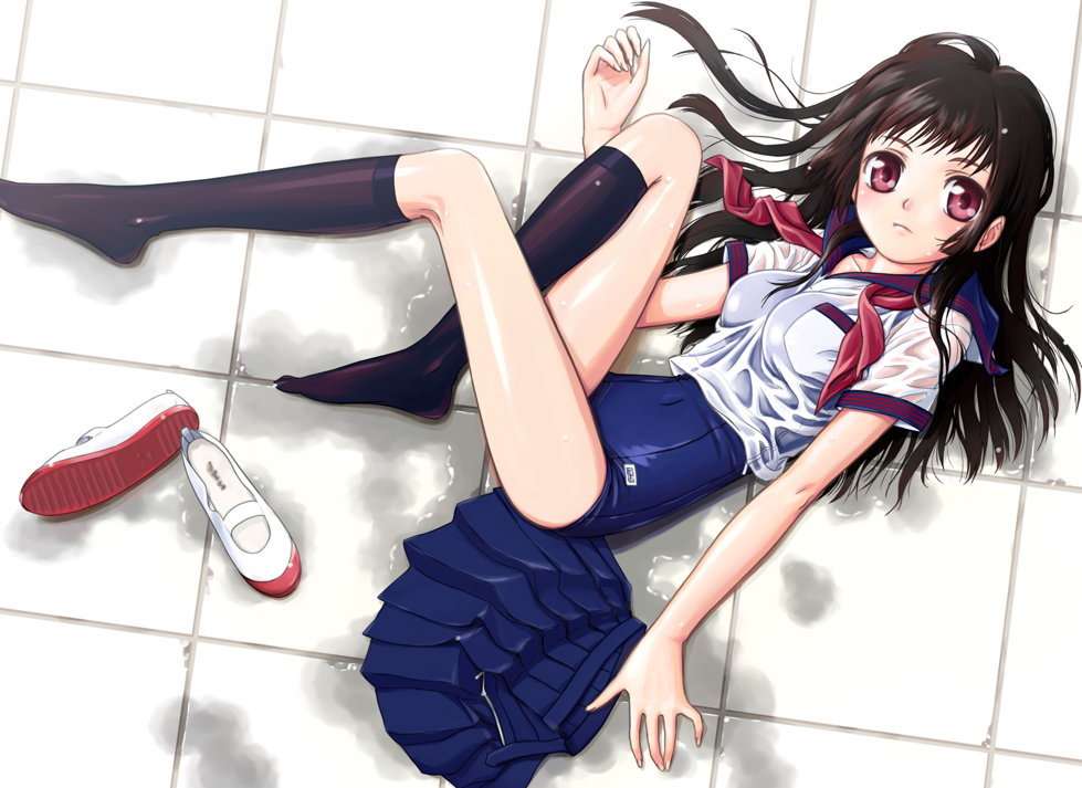 dktaka, legs, long_hair, lying, original, red_eyes, school_swimsuit, school_uniform