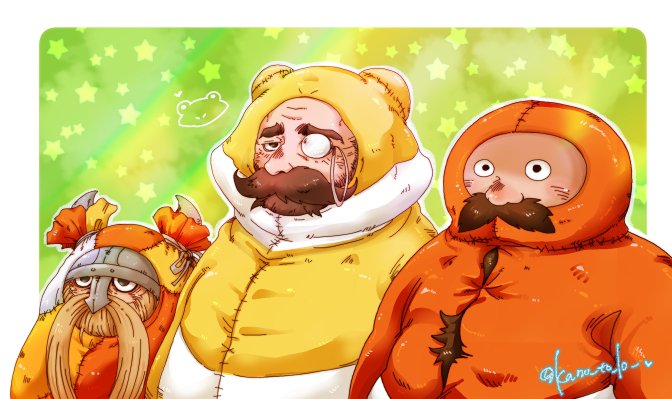3boys, animal_costume, beard, blonde_hair, brown_hair, character_request, crossover, dungeon_meshi