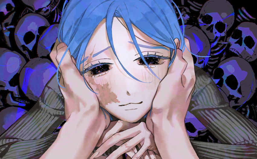 1girl, :3, blue_eyeliner, blue_hair, colored_eyelashes, eyeliner, fingernails, hands_on_another's_face