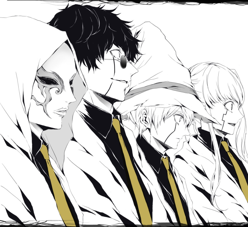 1girl, 3boys, abyss_razor, black_hair, collared_shirt, facial_mark, glasses, hair_between_eyes