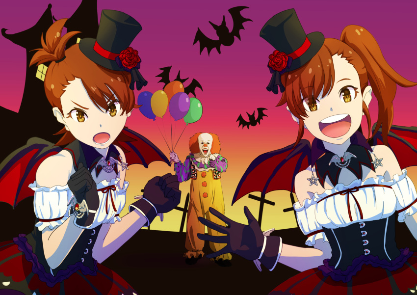 1boy, 2girls, :d, :o, balloon, bare_shoulders, bat_(animal), bat_wings