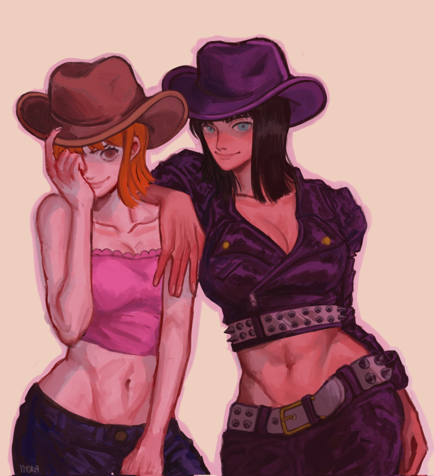 2girls, artist_name, belt, blue_eyes, blunt_bangs, brown_hat, cowboy_hat, cowboy_shot, crop_top, cropped_jacket, english_commentary, hand_on_another's_shoulder, hand_on_headwear, hat, highres, looking_at_viewer, m0kaccinoh, medium_hair, multiple_girls, nami_(one_piece), navel, nico_robin, one_piece, orange_eyes, pink_shirt, purple_hat, shirt, short_hair, sidelocks, smile
