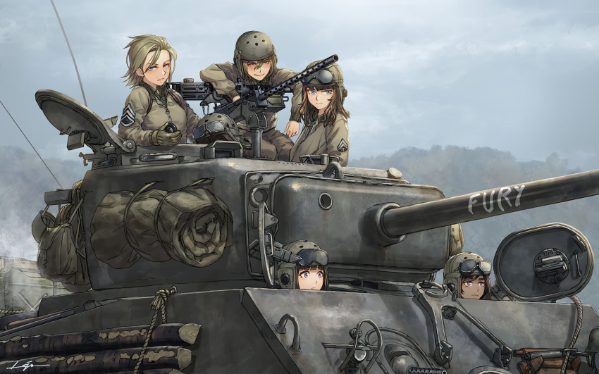 5girls, absurdres, blonde_hair, blue_eyes, brown_hair, fury_(movie), gloves, goggles