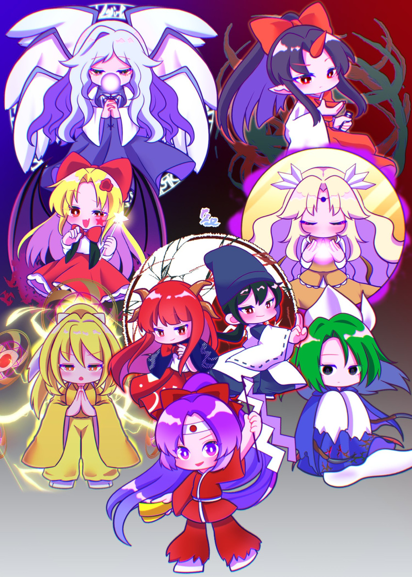 1boy, 6+girls, angel_wings, black_hair, blonde_hair, chibi, closed_eyes, elis_(touhou)