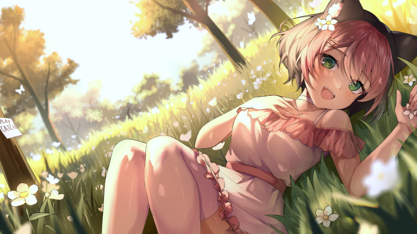 1girl, :d, black_hair, blurry, blurry_background, blurry_foreground, breasts, choker, collarbone, depth_of_field, dreamxiety, dress, dutch_angle, dyed_bangs, flower, frilled_dress, frills, green_eyes, hair_between_eyes, hair_flower, hair_ornament, hairclip, hand_on_own_chest, highres, looking_at_viewer, lying, medium_breasts, multicolored_hair, off-shoulder_dress, off_shoulder, on_back, on_grass, open_mouth, osu!, outdoors, pink_hair, pippi_(osu!), second-party_source, shiny_skin, short_hair, smile, solo, spring_(season), swept_bangs, thigh-highs, tree, two-tone_hair, white_choker, white_flower, white_thighhighs