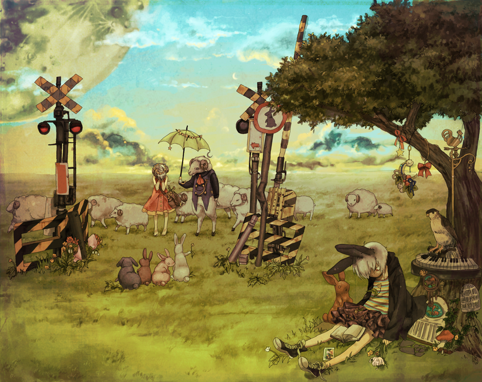 bird, book, bunny, bunny_ears, bunny_tail, chicken, covering_face, doku_imouto_ko, flower, full_moon, hands_in_face, hands_on_own_face, instrument, looking_back, looking_down, moon, mushroom, open_mouth, piano, picture, rabbit, rabbit_ears, railroad_crossing, ram, ribbon, rooster, sheep, surreal, tail, tears, train_crossing, tree, umbrella