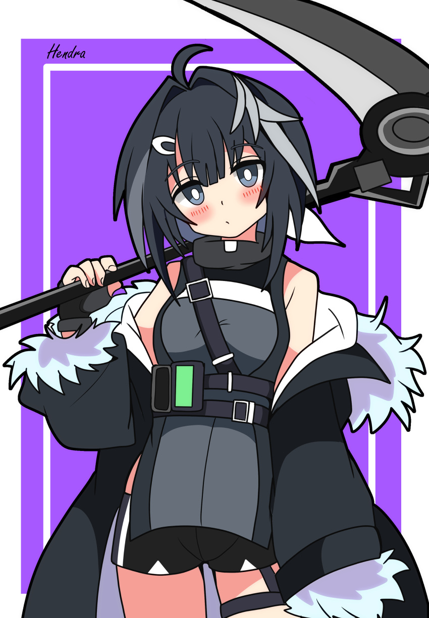 1girl, absurdres, ahoge, arknights, arm_at_side, black_eyes, black_gloves, black_hair