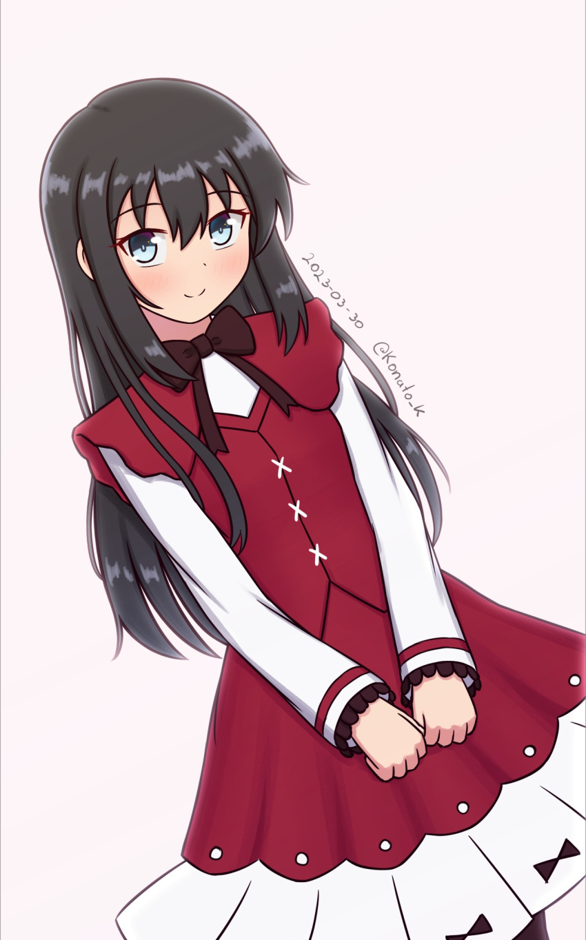 1girl, alternate_costume, asashio_(kancolle), black_hair, blue_eyes, cosplay, dress, feet_out_of_frame