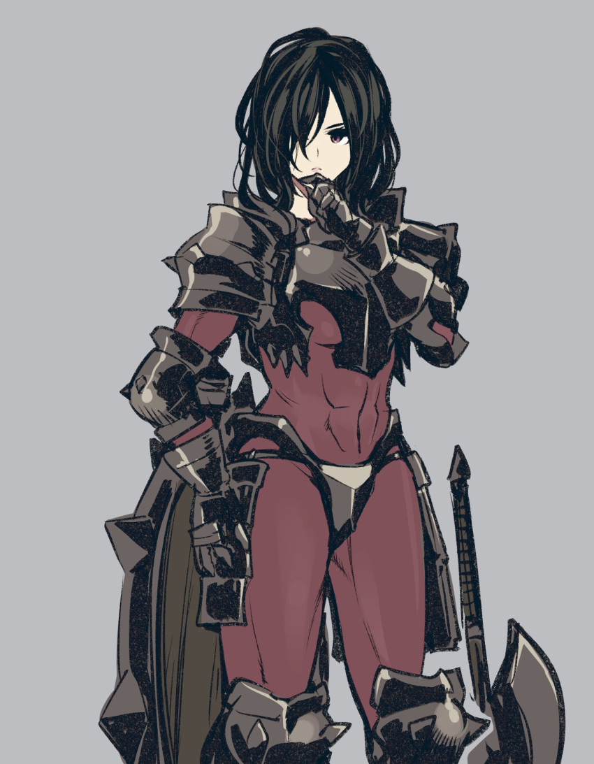 1girl, armor, axe, berengaria_(unicorn_overlord), black_hair, bodysuit, boobplate, breastplate