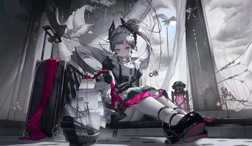1girl, absurdres, apron, arknights, bird, bird_girl, black_gloves, black_shirt
