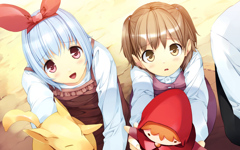 :d, akizora_ni_mau_confetti, blue_hair, bow, brown_eyes, brown_hair, game_cg, hair_bow