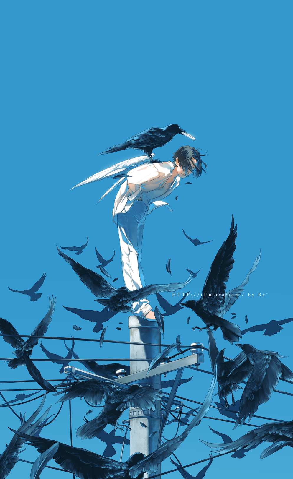 1boy, animal, barefoot, bent_over, bird, bird_on_back, black_hair, blue_background