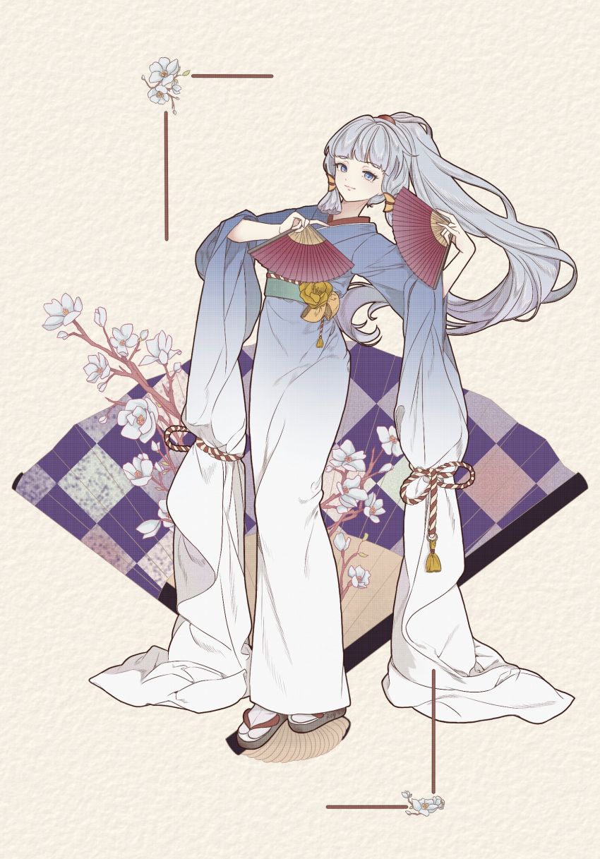 1girl, blue_eyes, blue_hair, blue_kimono, branch, dancing, fan_dancing, floating_hair