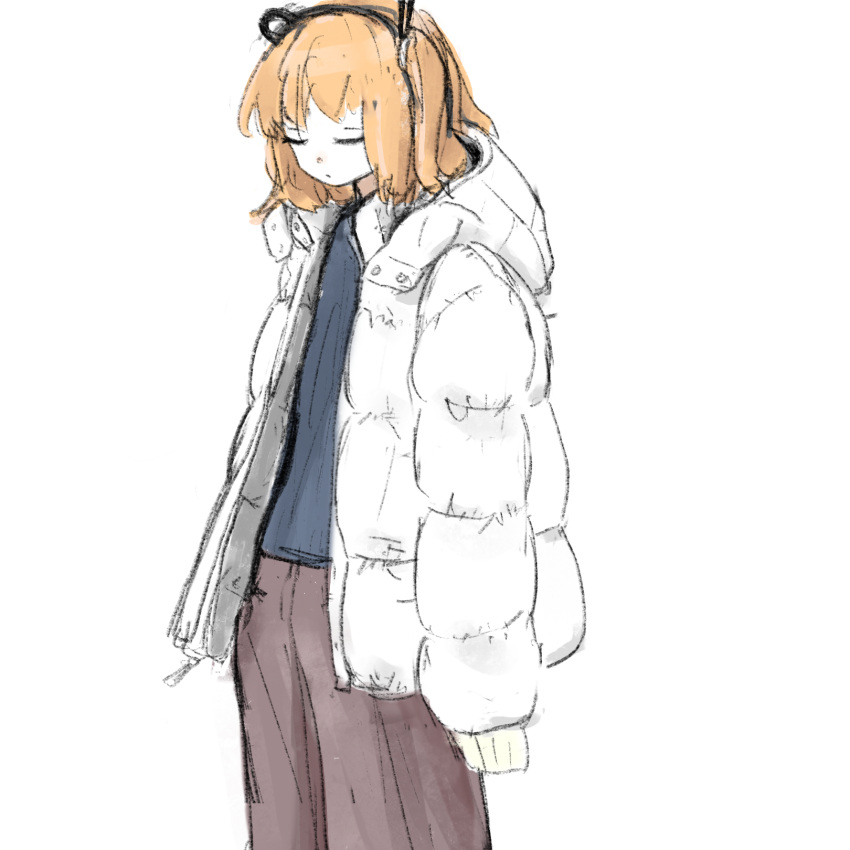 1girl, a.i._voice, adachi_rei, alternate_costume, arms_at_sides, blue_shirt, brown_pants, closed_eyes, closed_mouth, down_jacket, expressionless, fashion, feet_out_of_frame, hakoko_shitagokoro, headlamp, highres, hood, hood_down, hooded_jacket, jacket, long_sleeves, medium_hair, one_side_up, open_clothes, open_jacket, pants, radio_antenna, shirt, simple_background, solo, standing, utau, white_background, white_jacket