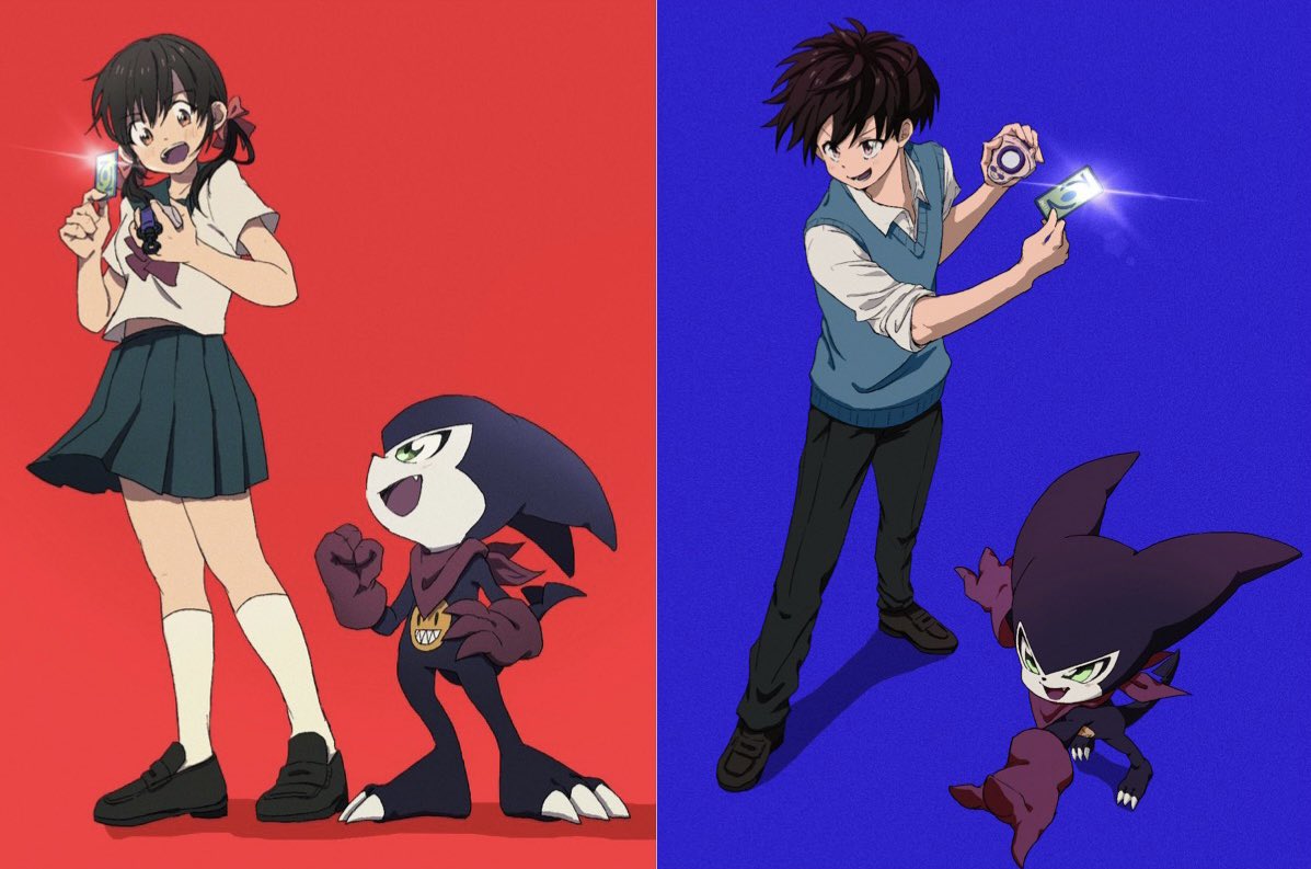 1boy, 1girl, 2boys, ai_(digimon_tamers), bandana, bandana_around_neck, black_pants, blue_background