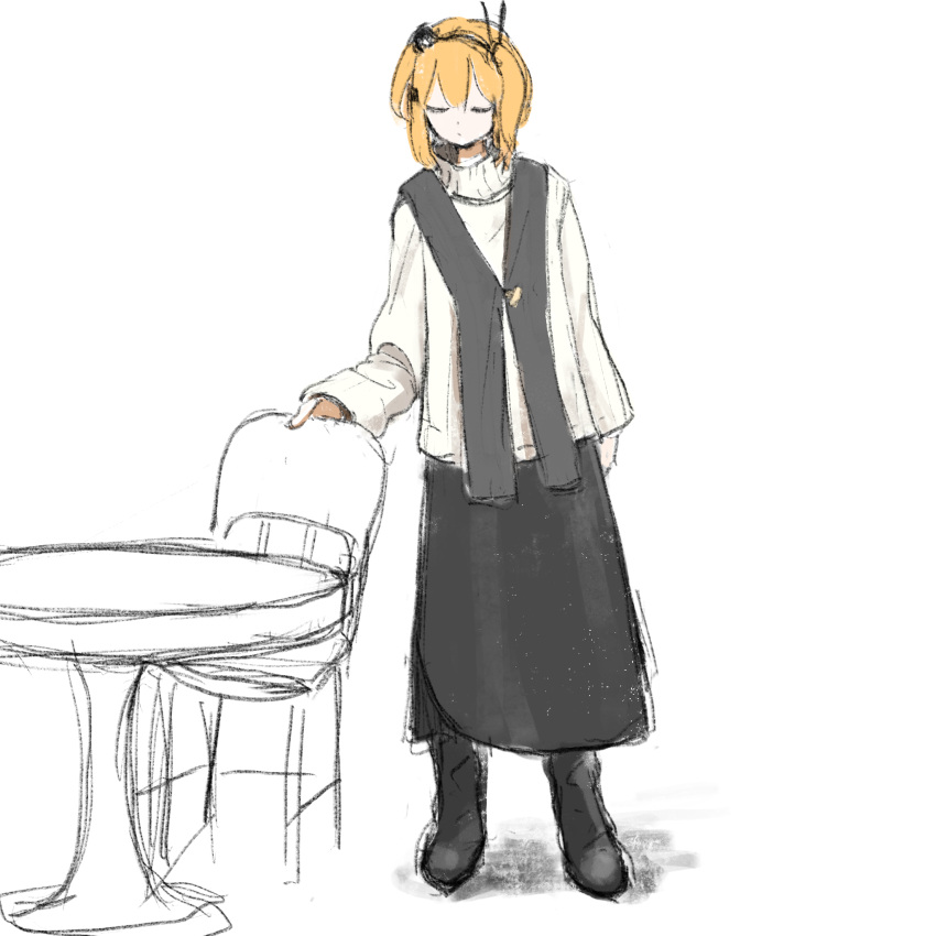 1girl, a.i._voice, adachi_rei, alternate_costume, arm_at_side, black_footwear, black_shawl, black_skirt