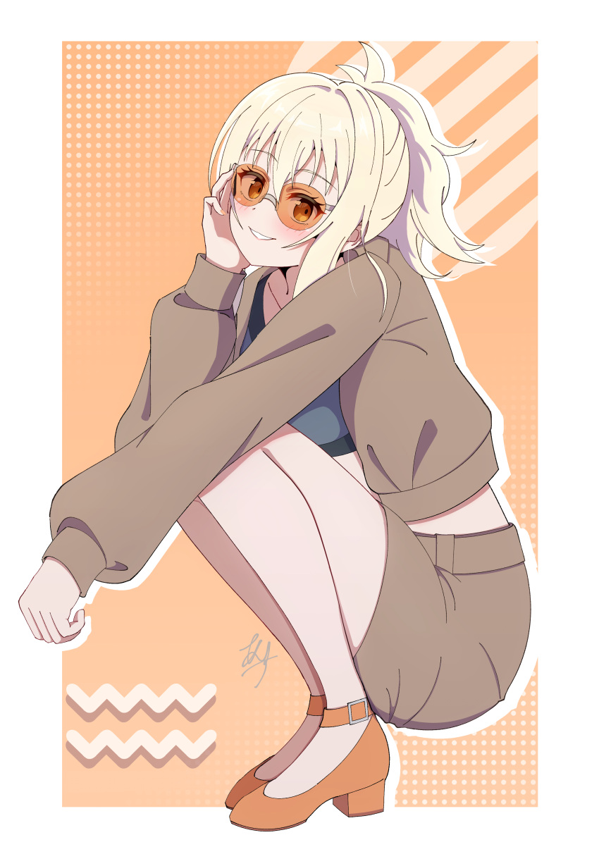 1girl, absurdres, adjusting_eyewear, blonde_hair, brown_jacket, brown_skirt, collarbone, commentary_request