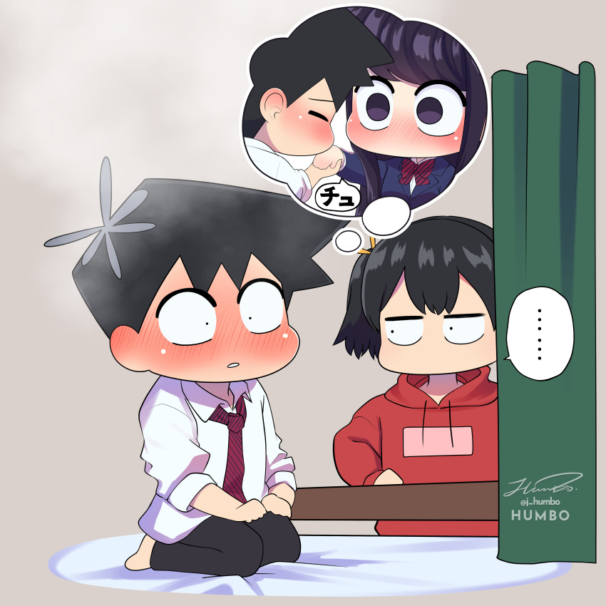 ..., 1boy, 2girls, absurdres, artist_name, barefoot, black_hair, black_pants