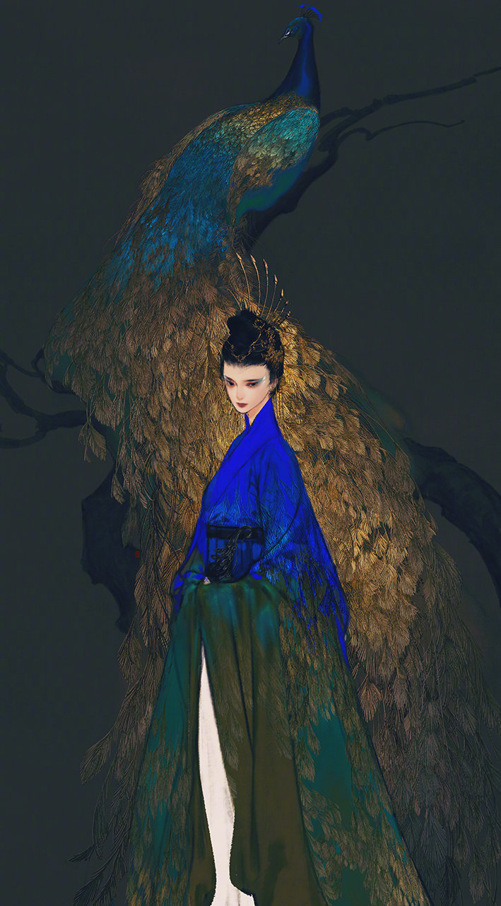 1girl, bird, black_background, black_eyes, blue_eyeshadow, blue_robe, blue_sleeves, brown_hair