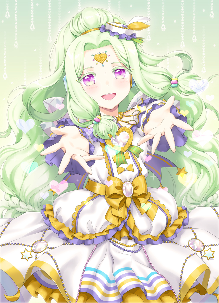 1girl, :d, blush, cowboy_shot, dress, forehead_jewel, foreshortening, frilled_dress