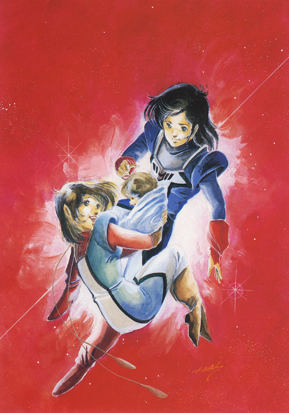 1980s_(style), 1boy, 2girls, baby, black_hair, blanket, bodysuit, boots
