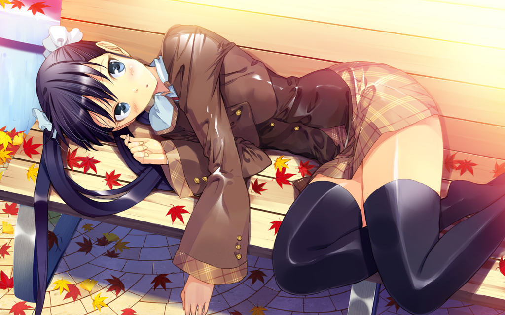 andou_saya, autumn, autumn_leaves, bench, black_legwear, blue_eyes, blue_hair, blush, game_cg, hair_ornament, hair_ribbon, leaf, long_hair, lying, maple_leaf, on_side, plaid, ribbon, school_uniform, solo, thigh-highs, thighhighs, twintails, ueda_ryou, zettai_ryouiki