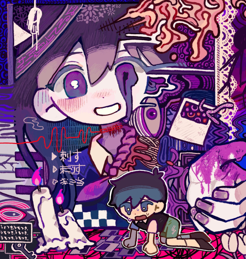 1boy, 1girl, black_eyes, black_footwear, black_hair, candle, chibi, colored_skin