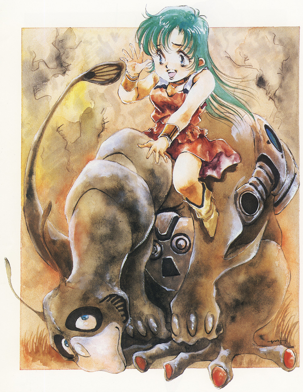 1980s_(style), 1girl, android, boots, bracelet, child, choujikuu_seiki_orguss, dinosaur