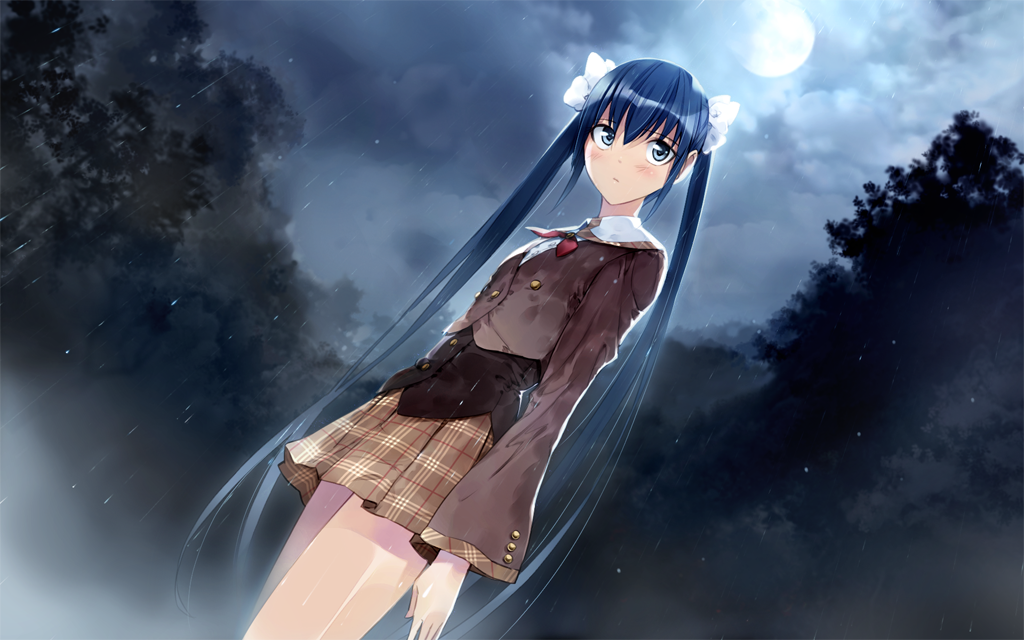 andou_saya, blue_eyes, blue_hair, blush, bow, cloud, clouds, dutch_angle, game_cg, hair_bow, long_hair, moon, night, night_sky, plaid, rain, school_uniform, skirt, sky, solo, twintails, ueda_ryou, very_long_hair, wet, wet_clothes