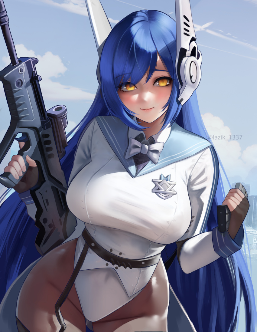 1girl, absurdres, assault_rifle, black_pantyhose, blue_hair, blue_sailor_collar, blue_sky, blush
