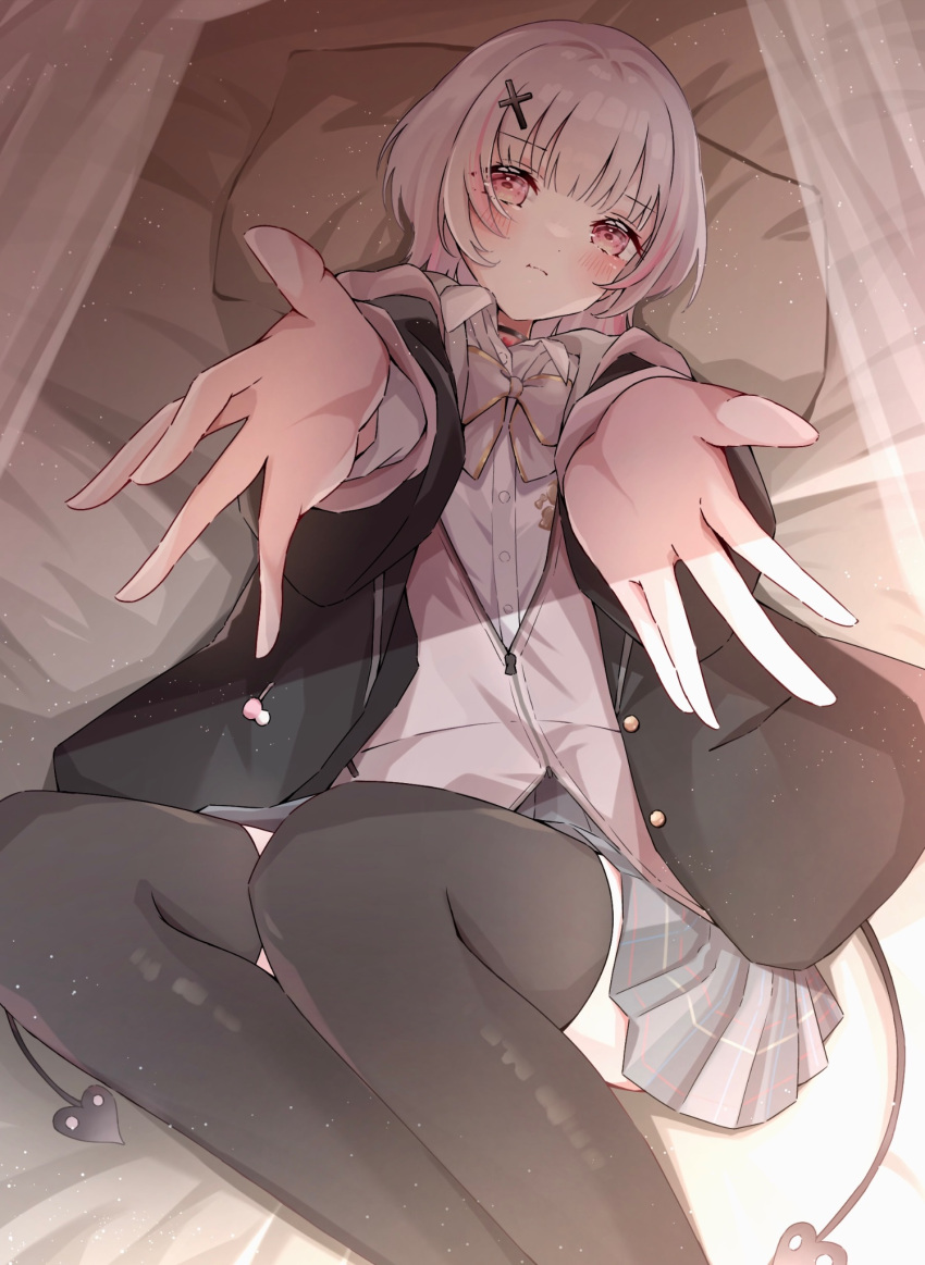 1girl, asumi_sena, black_coat, black_thighhighs, blush, bow, bowtie, carry_me, choker, coat, demon_tail, grey_bow, grey_bowtie, grey_hair, hair_ornament, highres, jacket, looking_at_viewer, lying, miniskirt, multicolored_hair, on_bed, pink_eyes, pink_hair, pink_jacket, reaching, reaching_towards_viewer, safuapurin, school_uniform, shirt, skirt, solo, streaked_hair, tail, thigh-highs, twintails, two-tone_hair, virtual_youtuber, vspo!, white_shirt