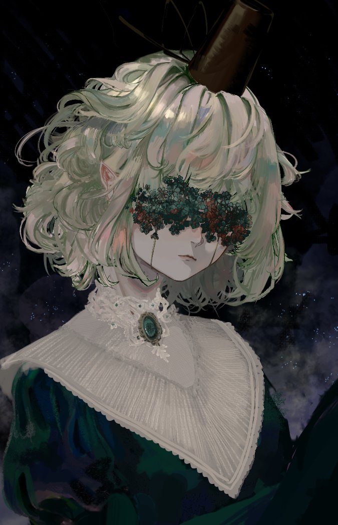 1girl, closed_mouth, commentary, covered_eyes, dress, expressionless, facing_viewer, flower_over_eyes