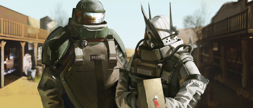 2others, absurdres, ambiguous_gender, arknights, armor, big_bob_(arknights), blue_sky, blurry