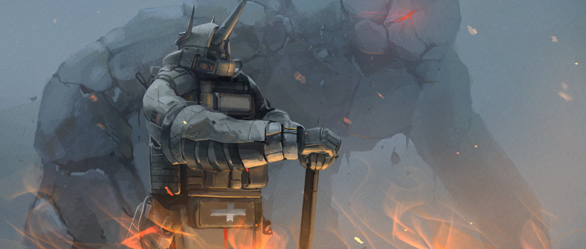1girl, 1other, absurdres, arknights, arm_support, armor, blurry, blurry_background