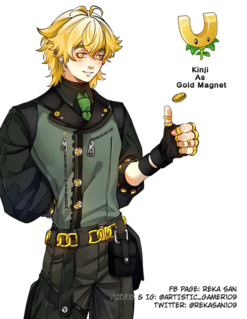 1boy, antenna_hair, artist_name, belt_pouch, black_gloves, black_shirt, blonde_hair, chain, chain_belt, character_name, coin, coin_flip, cowboy_shot, earrings, facebook_username, fingerless_gloves, gloves, gold, gold_chain, gold_coin, gold_earrings, gold_magnet_(plants_vs_zombies), gold_ring, green_necktie, grey_pants, hair_between_eyes, highres, instagram_username, jewelry, lapels, light_blush, magnet, male_focus, multiple_rings, necktie, notched_lapels, original, pants, personification, plant, plants_vs_zombies, pouch, reka_san, ring, shirt, short_hair, simple_background, smile, solo, tiktok_username, twitter_username, watermark, white_background, yellow_eyes, zipper