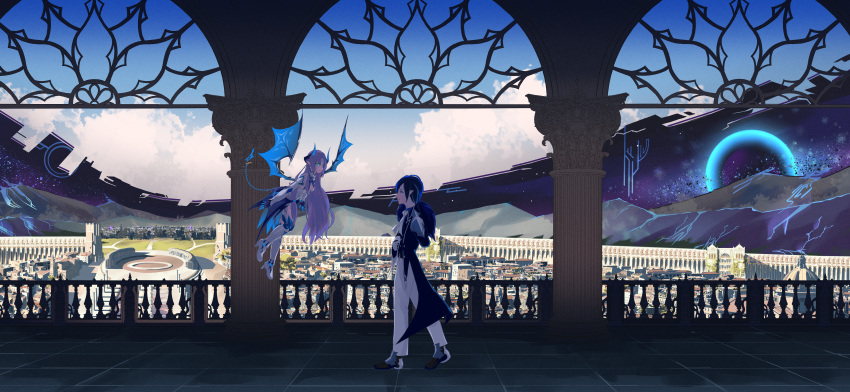 1boy, 1girl, absurdres, black_hole, blue_eyes, blue_hair, boots, bright_pupils