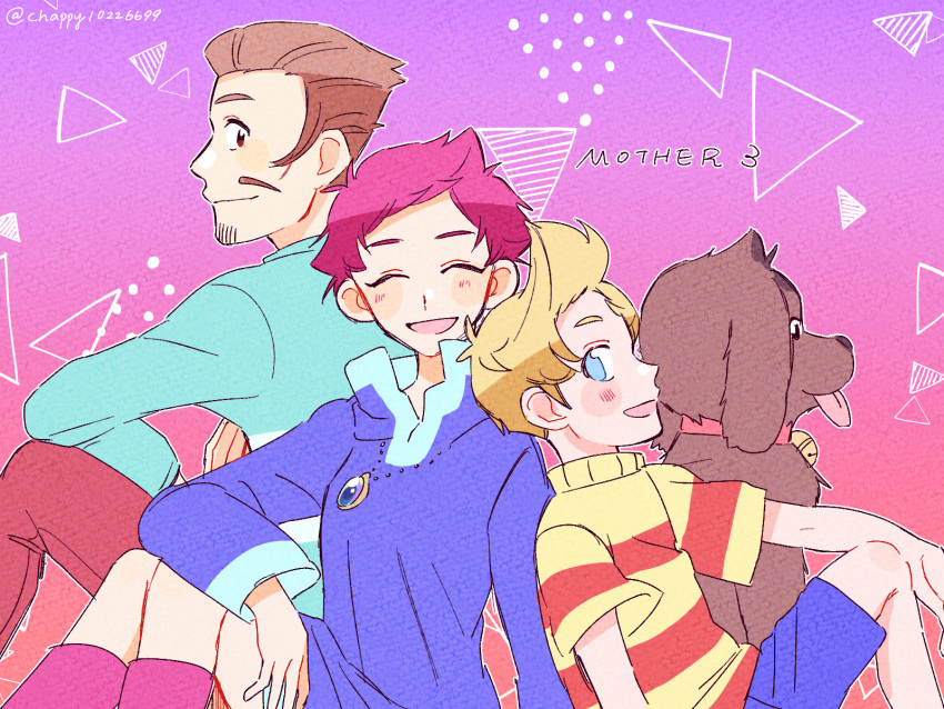 1girl, 2boys, boney, brown_dog, brown_facial_hair, closed_eyes, cyappy1022, dog