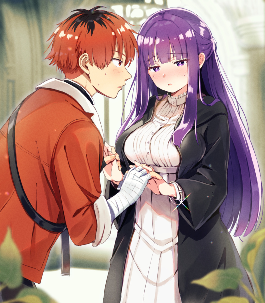 1boy, 1girl, arm_wrap, bandaged_arm, bandages, black_robe, blush, bracelet