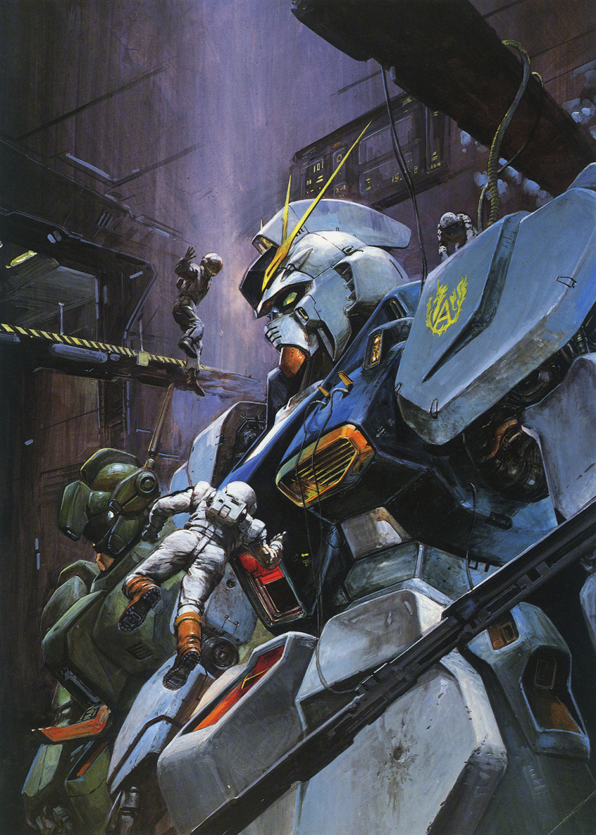 1980s_(style), 3boys, amuro_ray, anaheim_electronics, backpack, bag, boots, bullet_hole