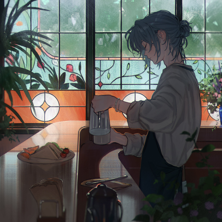 1boy, absurdres, apron, blue_apron, blue_hair, bracelet, closed_eyes, closed_mouth