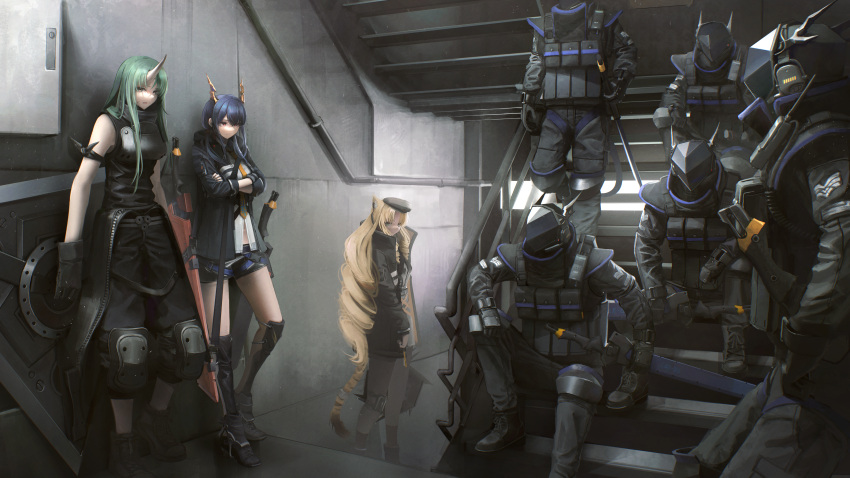3girls, 5others, :|, absurdres, against_wall, arknights, armor, black_footwear, black_gloves, black_jacket, black_pants, black_shirt, blonde_hair, blue_hair, boots, breastplate, bulletproof_vest, ch'en_(arknights), closed_mouth, covered_face, crossed_arms, drill_hair, expressionless, facing_another, fingerless_gloves, gloves, greaves, green_hair, headset, helmet, highres, holding, holding_shield, holding_sword, holding_weapon, horns, hoshiguma_(arknights), jacket, knee_pads, kusami_toka_naku_au, long_hair, long_sleeves, looking_at_another, looking_at_viewer, lungmen_guard, microphone, multiple_girls, multiple_others, pants, pants_rolled_up, parted_lips, pauldrons, railing, red_eyes, shield, shirt, shoulder_armor, single_horn, sitting, sitting_on_stairs, sleeveless, sleeveless_shirt, stairs, stairwell, swire_(arknights), sword, very_long_hair, weapon