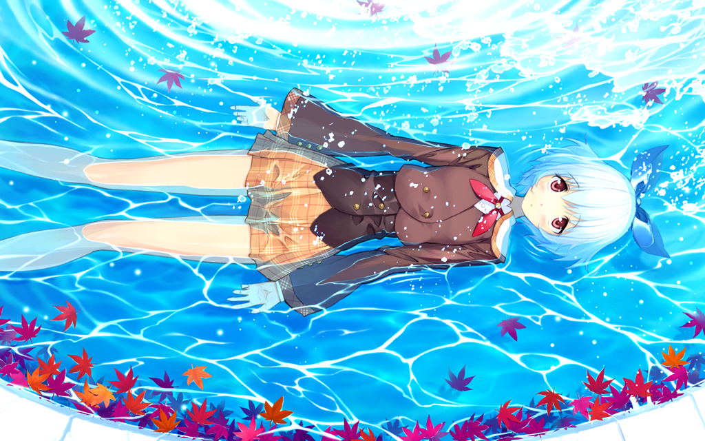 autumn, game_cg, kamishiro_yuki, leaf, lying, school_uniform, ueda_ryou, water