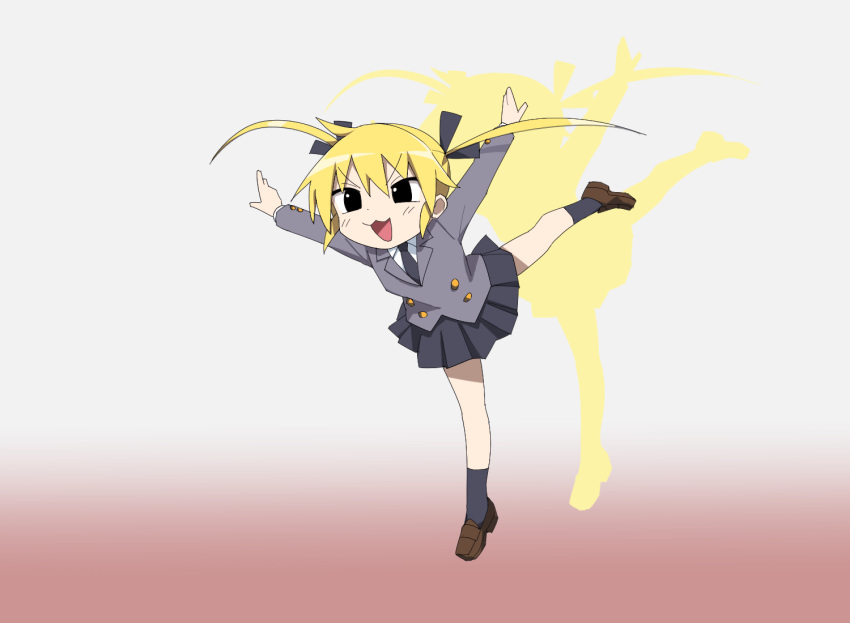 1girl, :3, :d, arms_up, azumanga_daioh, black_eyes, black_necktie, black_ribbon, black_skirt, blonde_hair, blush, buttons, company_connection, double-breasted, fake_sonya_(kill_me_baby), gradient_background, grey_jacket, hair_ribbon, j.c._staff, jacket, jumping, kill_me_baby, long_hair, necktie, open_mouth, parody, pleated_skirt, ribbon, shadow, skirt, smile, solo, soramimi_cake, twintails, wing_collar, yachima_tana