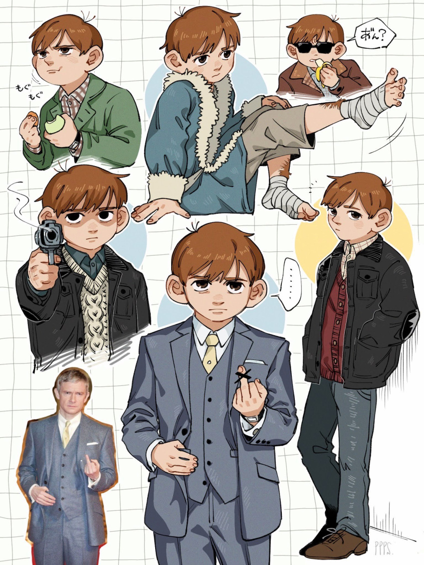 ..., 1boy, :t, :|, alternate_costume, banana, bandaged_foot, bandages, bilbo_baggins, bilbo_baggins_(cosplay), black_eyes, black_jacket, blue_jacket, brown_eyes, brown_footwear, brown_hair, brown_jacket, buttons, cable_knit, chilchuck_tims, closed_mouth, collared_shirt, commentary, contemporary, cosplay, cowboy_shot, cropped_torso, dungeon_meshi, eating, expressionless, food, frown, fruit, full_body, fur-trimmed_jacket, fur_trim, green_jacket, grey_jacket, grey_pants, grey_shorts, grey_suit, grid_background, gun, hand_on_own_knee, hands_in_pockets, highres, holding, holding_food, holding_fruit, holding_gun, holding_weapon, jacket, large_ears, looking_at_viewer, male_focus, martin_freeman, middle_finger, multiple_views, necktie, pants, photo_inset, popi_paretto, reference_inset, shaded_face, shirt, short_hair, shorts, simple_background, sitting, smoke, smoking_gun, spoken_ellipsis, standing, suit, sunglasses, upper_body, watch, watch, weapon, white_background, white_shirt, yellow_necktie