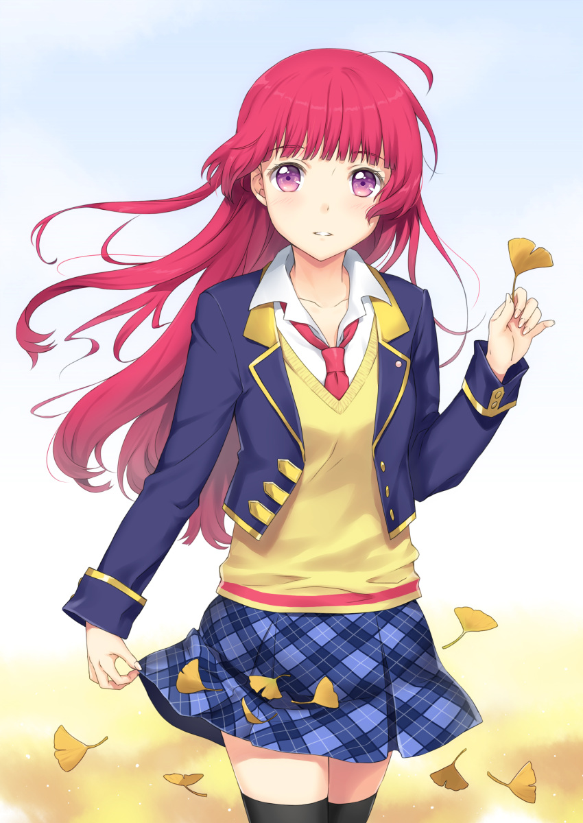1girl, absurdres, autumn_leaves, black_thighhighs, blue_jacket, blue_skirt, blunt_bangs, blush, collared_shirt, commentary_request, cowboy_shot, cropped_jacket, ginkgo_leaf, hand_up, highres, hojo_sophy, holding, holding_leaf, jacket, leaf, long_hair, long_sleeves, looking_at_viewer, miniskirt, necktie, open_clothes, open_jacket, open_mouth, paprika_private_academy_school_uniform, pink_necktie, plaid, plaid_skirt, pleated_skirt, pretty_series, pripara, redhead, school_uniform, shirt, skirt, skirt_hold, solo, standing, thigh-highs, unya_(unya-unya), vest, violet_eyes, white_shirt, wind, yellow_vest