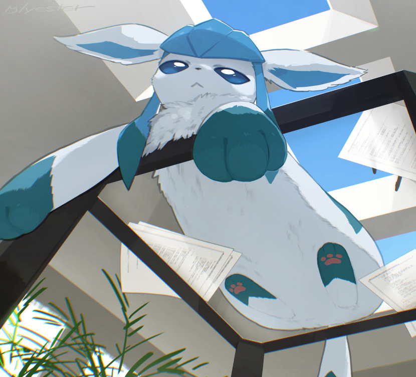 against_glass, animal_ears, animal_hands, blue_fur, closed_mouth, glaceon, glass_table, indoors