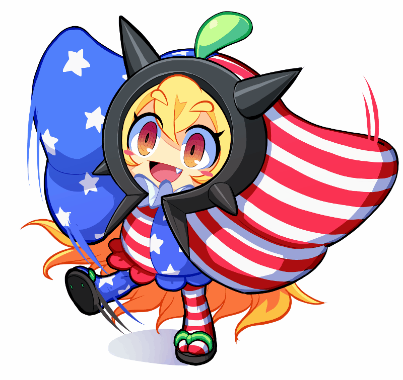 1girl, american_flag, american_flag_legwear, american_flag_print, animated, animated_gif, blonde_hair, blush, chibi, clownpiece, cosplay, fang, flag_print, looking_at_viewer, ogerpon, ogerpon_(cosplay), open_mouth, pantyhose, pokemon, ranka_(tonbo), red_eyes, short_hair, smile, solo, touhou