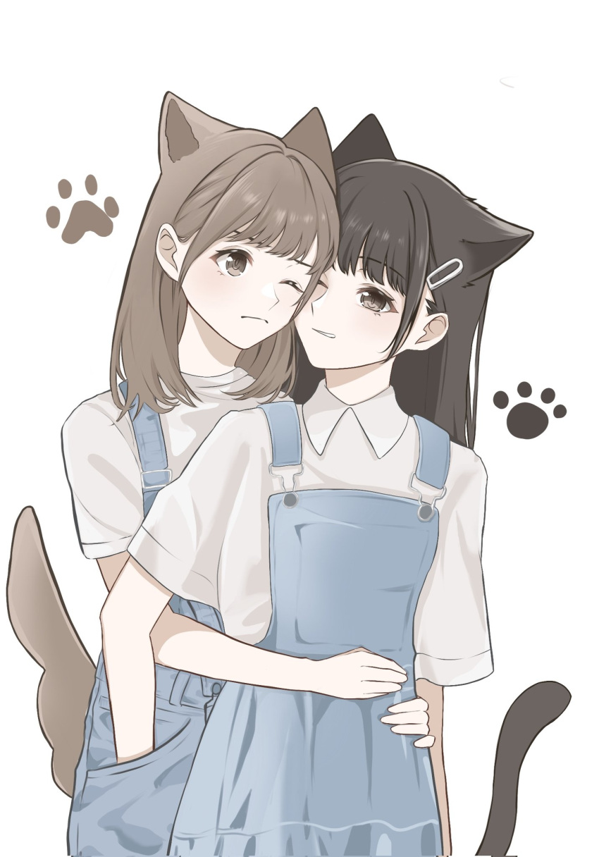 2girls, animal_ears, blue_overalls, brown_eyes, brown_hair, cat_ears, cat_tail, closed_mouth