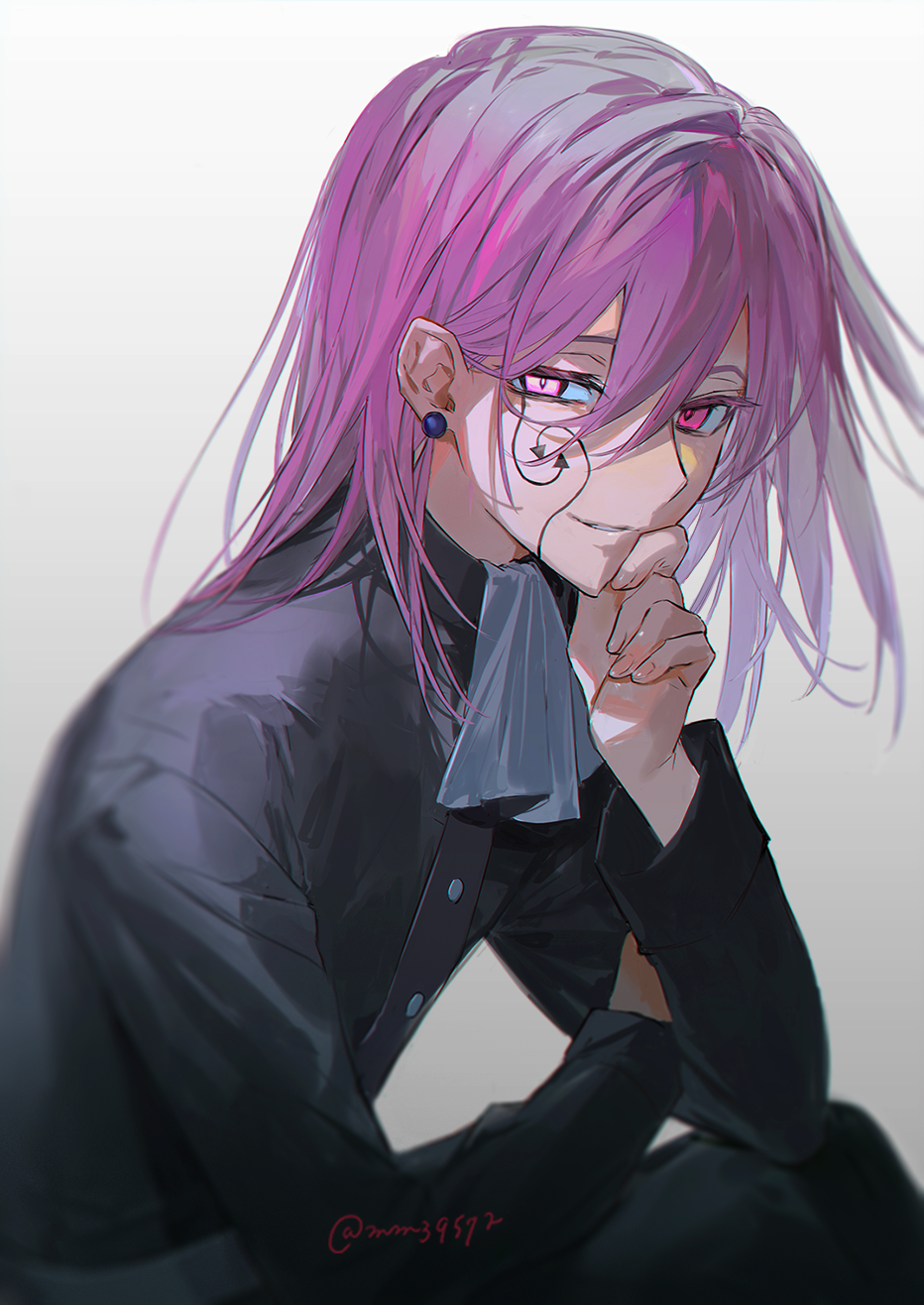 1boy, ascot, domina_blowelive, earrings, facial_mark, highres, jewelry, long_sleeves
