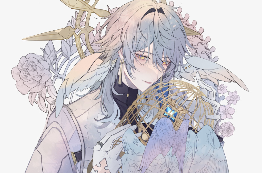 1boy, birdcage, cage, closed_mouth, earrings, flower, gloves, hair_between_eyes